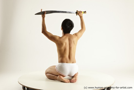 Underwear Fighting with sword Man Asian Slim Medium Black Multi angles poses Academic