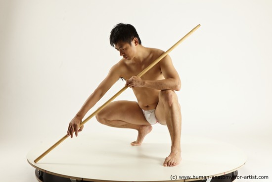 Underwear Fighting with spear Man Asian Multi angles poses Academic