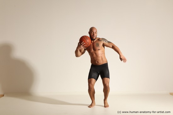 Underwear Man Black Muscular Bald Dynamic poses Academic