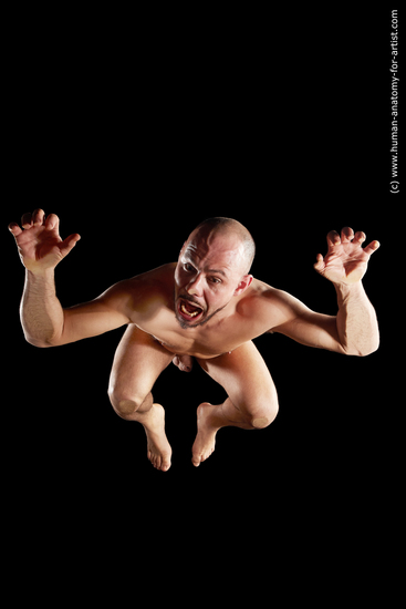 Nude Man White Muscular Bald Hyper angle poses Realistic