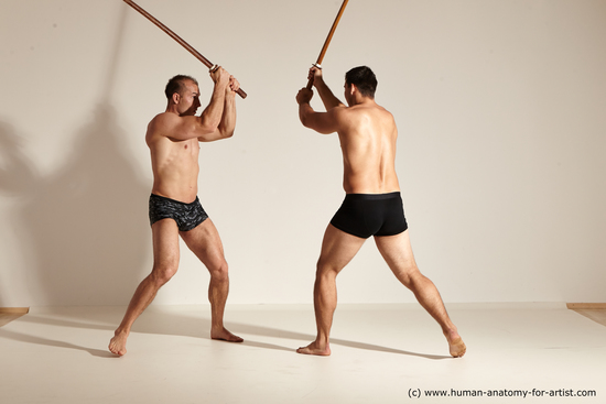 Underwear Fighting with spear Man - Man White Athletic Short Brown Dynamic poses Academic