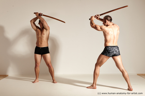 Underwear Fighting with spear Man - Man White Athletic Short Brown Dynamic poses Academic