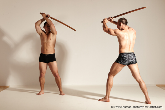 Underwear Fighting with spear Man - Man White Athletic Short Brown Dynamic poses Academic