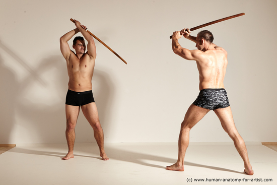 Underwear Fighting with spear Man - Man White Athletic Short Brown Dynamic poses Academic