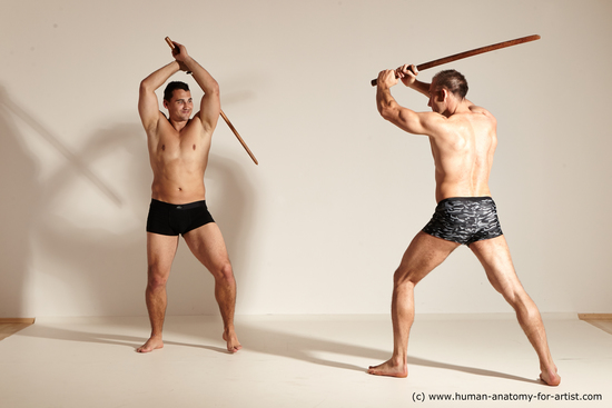 Underwear Fighting with spear Man - Man White Athletic Short Brown Dynamic poses Academic