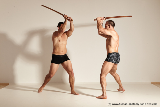 Underwear Fighting with spear Man - Man White Athletic Short Brown Dynamic poses Academic