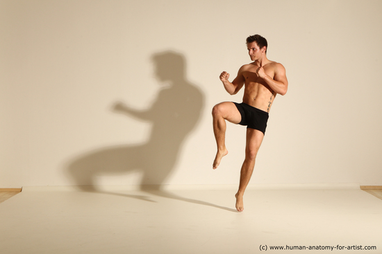 Underwear Fighting Man White Muscular Short Brown Dynamic poses Academic