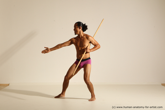 Underwear Fighting with spear Man Asian Athletic Long Black Dynamic poses Academic