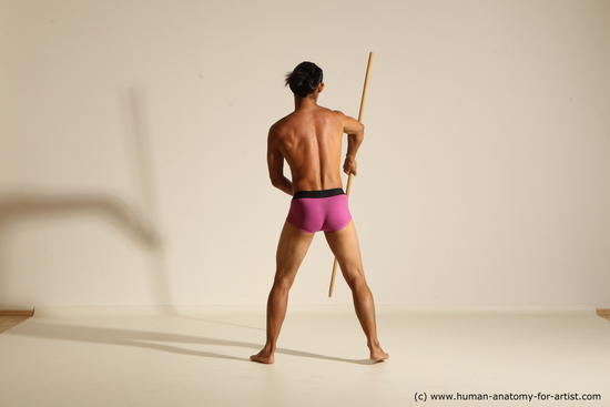 Underwear Fighting with spear Man Asian Athletic Long Black Dynamic poses Academic