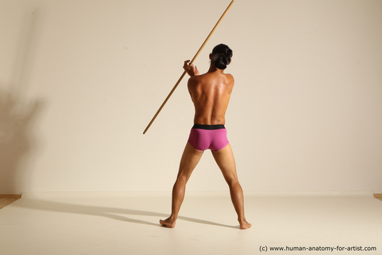 Underwear Fighting with spear Man Asian Athletic Long Black Dynamic poses Academic