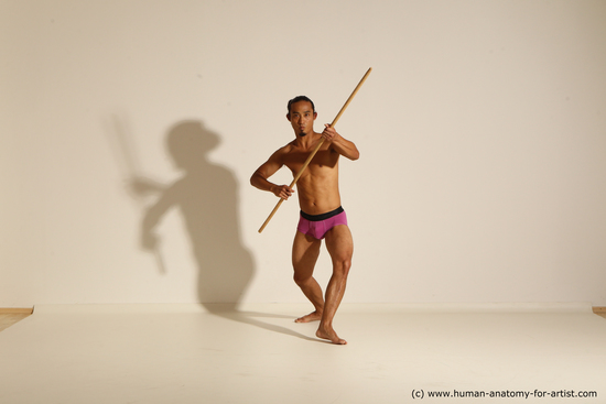 Underwear Fighting with spear Man Asian Athletic Long Black Dynamic poses Academic