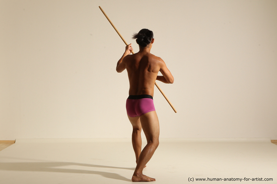 Underwear Fighting with spear Man Asian Athletic Long Black Dynamic poses Academic