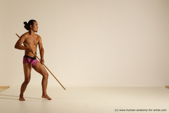 Underwear Fighting with spear Man Asian Athletic Long Black Dynamic poses Academic