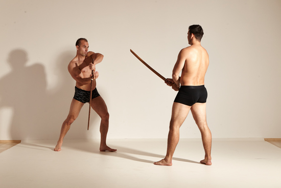 Underwear Fighting Man - Man White Muscular Short Brown Dynamic poses Academic