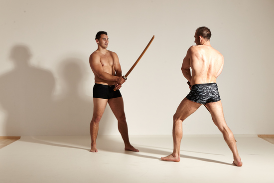 Underwear Fighting Man - Man White Muscular Short Brown Dynamic poses Academic