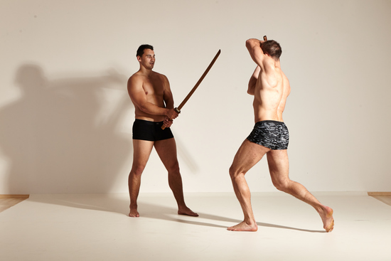 Underwear Fighting Man - Man White Muscular Short Brown Dynamic poses Academic