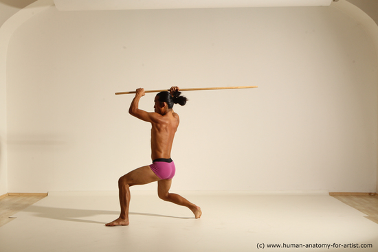 Underwear Fighting with spear Man Asian Athletic Long Black Dynamic poses Academic