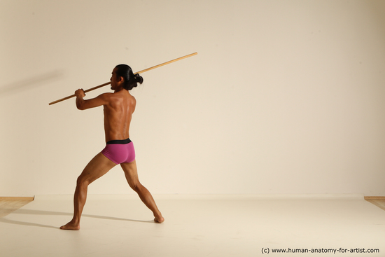 Underwear Fighting with spear Man Asian Athletic Long Black Dynamic poses Academic