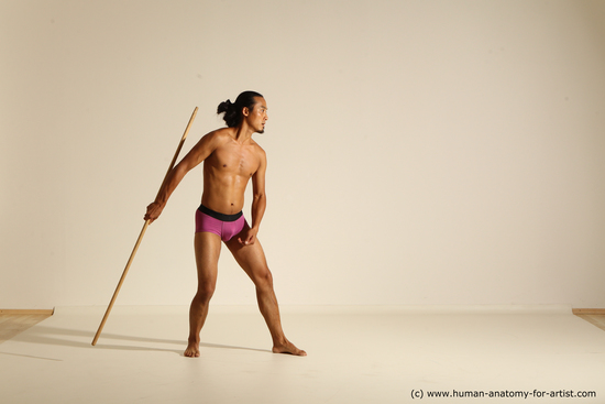 Underwear Fighting with spear Man Asian Athletic Long Black Dynamic poses Academic