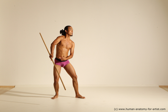 Underwear Fighting with spear Man Asian Athletic Long Black Dynamic poses Academic