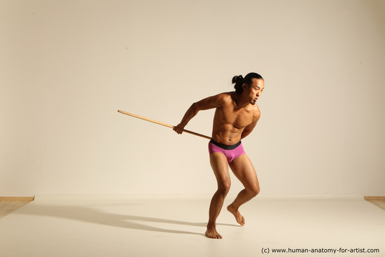 Underwear Fighting with spear Man Asian Athletic Long Black Dynamic poses Academic