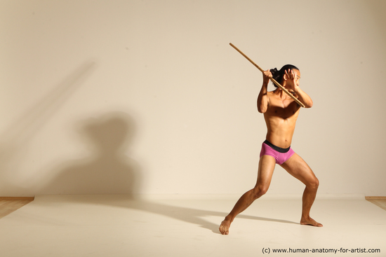 Underwear Fighting with spear Man Asian Athletic Long Black Dynamic poses Academic