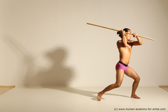 Underwear Fighting with spear Man Asian Athletic Long Black Dynamic poses Academic