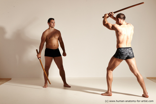 Underwear Fighting Man White Muscular Short Brown Dynamic poses Academic