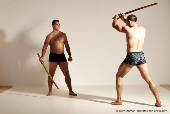 Underwear Fighting Man White Muscular Short Brown Dynamic poses Academic