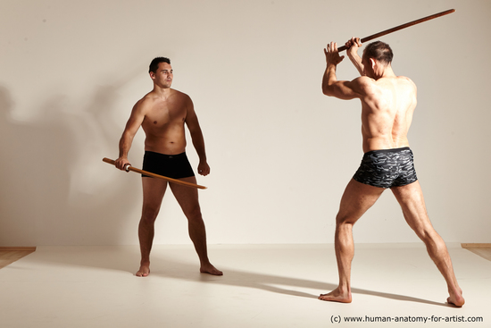 Underwear Fighting Man White Muscular Short Brown Dynamic poses Academic