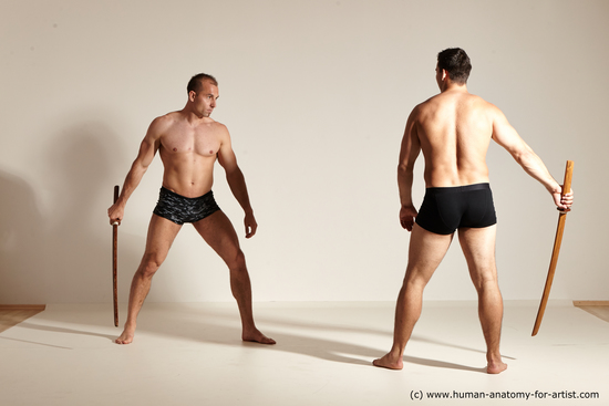 Underwear Fighting Man White Muscular Short Brown Dynamic poses Academic