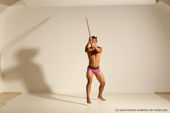 Underwear Fighting with spear Man Asian Slim Long Black Dynamic poses Academic