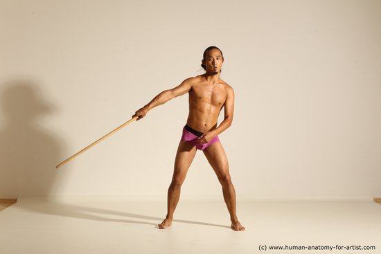 Underwear Fighting with spear Man Asian Slim Long Black Dynamic poses Academic