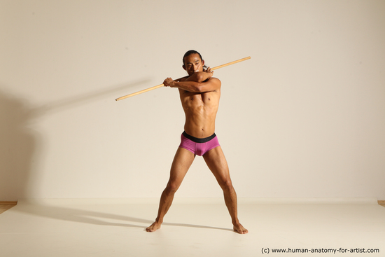 Underwear Fighting with spear Man Asian Slim Long Black Dynamic poses Academic