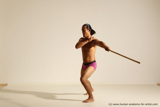 Underwear Fighting with spear Man Asian Slim Long Black Dynamic poses Academic