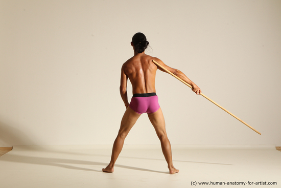 Underwear Fighting with spear Man Asian Slim Long Black Dynamic poses Academic