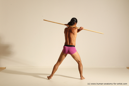 Underwear Fighting with spear Man Asian Slim Long Black Dynamic poses Academic