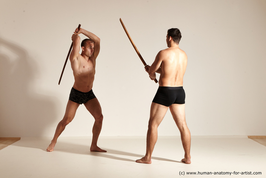 Underwear Fighting Man - Man White Athletic Short Brown Dynamic poses Academic