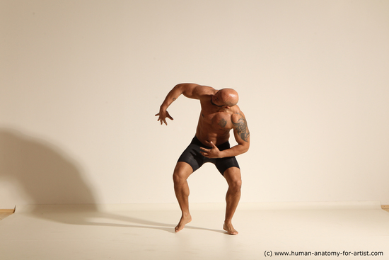 Underwear Man Black Muscular Bald Dancing Dynamic poses Academic