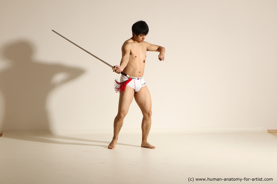 Underwear Fighting with sword Man Asian Athletic Short Black Dynamic poses Academic