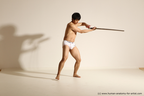 Underwear Fighting with sword Man Asian Athletic Short Black Dynamic poses Academic