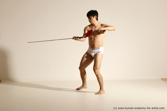 Underwear Fighting with sword Man Asian Athletic Short Black Dynamic poses Academic