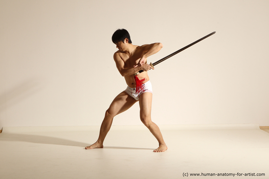 Underwear Fighting with sword Man Asian Athletic Short Black Dynamic poses Academic