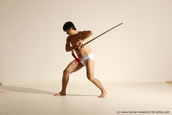 Underwear Fighting with sword Man Asian Athletic Short Black Dynamic poses Academic