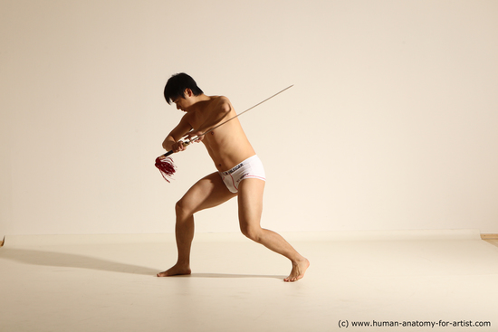 Underwear Fighting with sword Man Asian Athletic Short Black Dynamic poses Academic