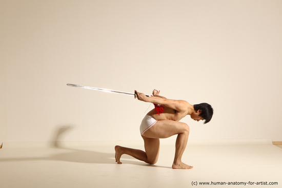 Underwear Fighting with sword Man Asian Athletic Short Black Dynamic poses Academic