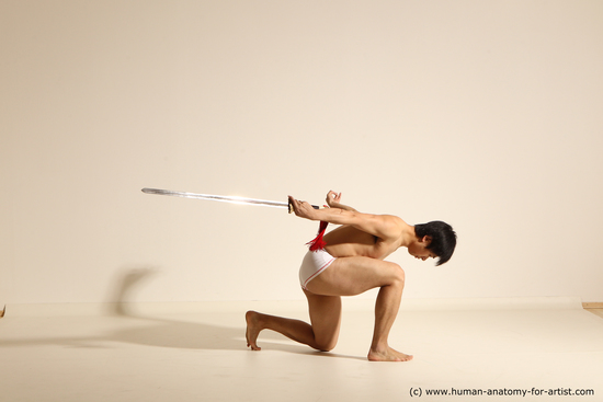 Underwear Fighting with sword Man Asian Athletic Short Black Dynamic poses Academic