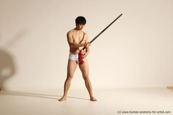 Underwear Fighting with sword Man Asian Athletic Short Black Dynamic poses Academic