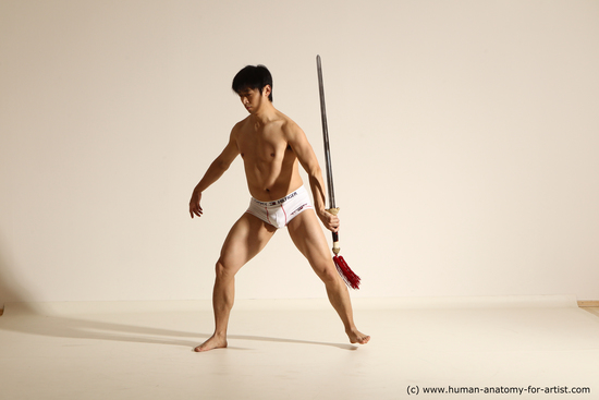 Underwear Fighting with sword Man Asian Athletic Short Black Dynamic poses Academic