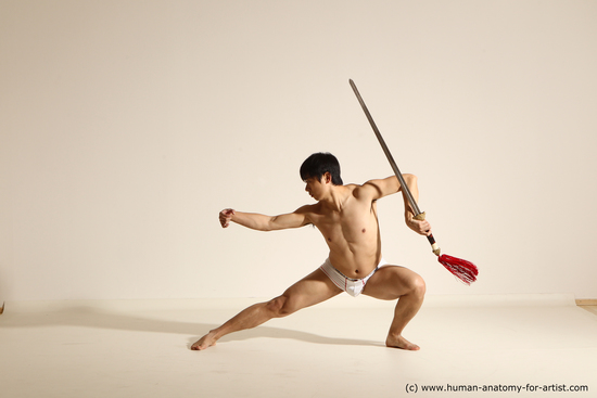 Underwear Fighting with sword Man Asian Athletic Short Black Dynamic poses Academic